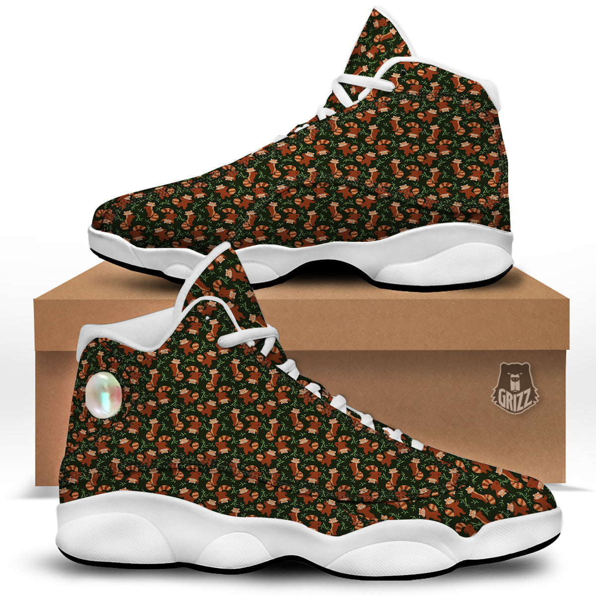 Brown Raccoon Cartoon Cute Print Pattern White Basketball Shoes-grizzshop