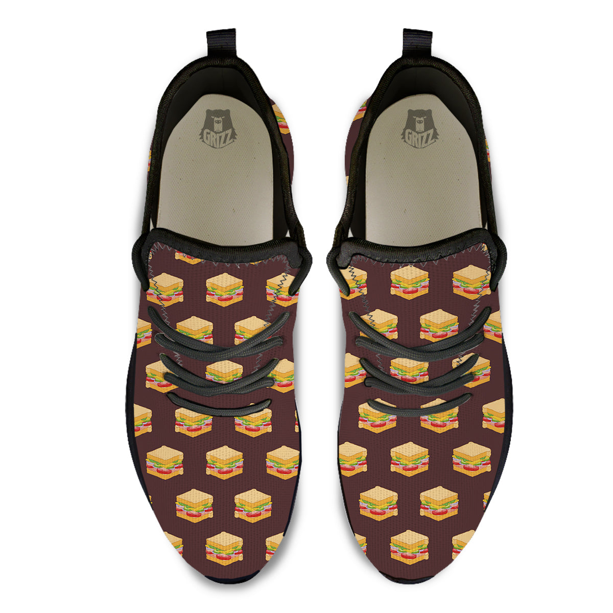 Brown Sandwich Print Pattern Black Athletic Shoes-grizzshop