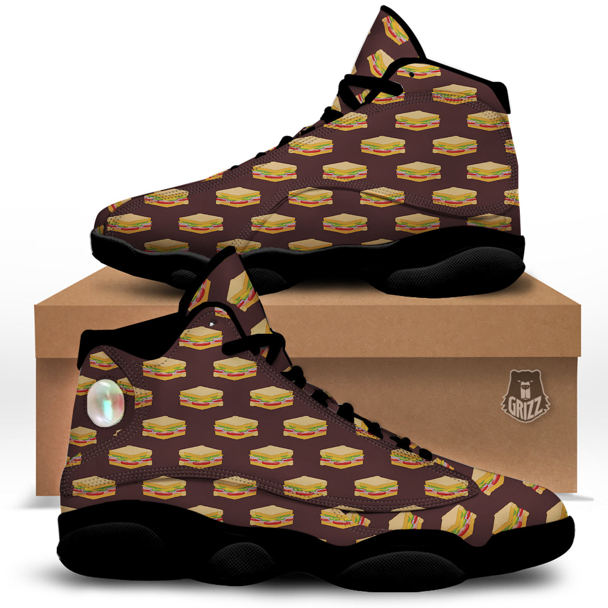 Brown Sandwich Print Pattern Black Basketball Shoes-grizzshop