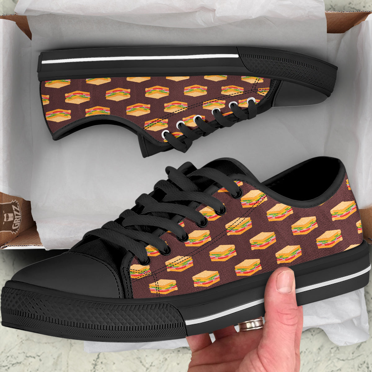 Brown Sandwich Print Pattern Black Low Top Shoes-grizzshop
