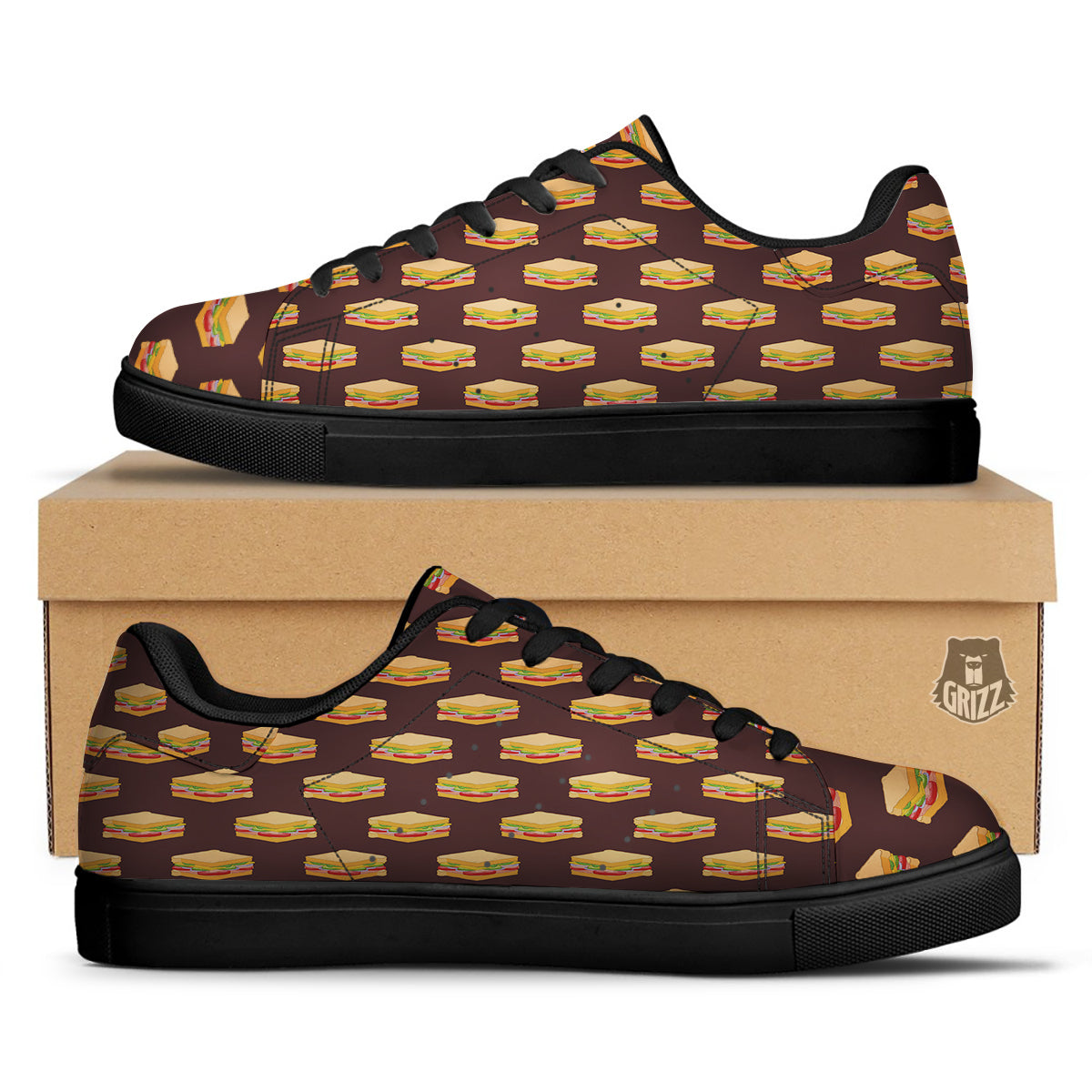 Brown Sandwich Print Pattern Black Low Top Sneakers-grizzshop