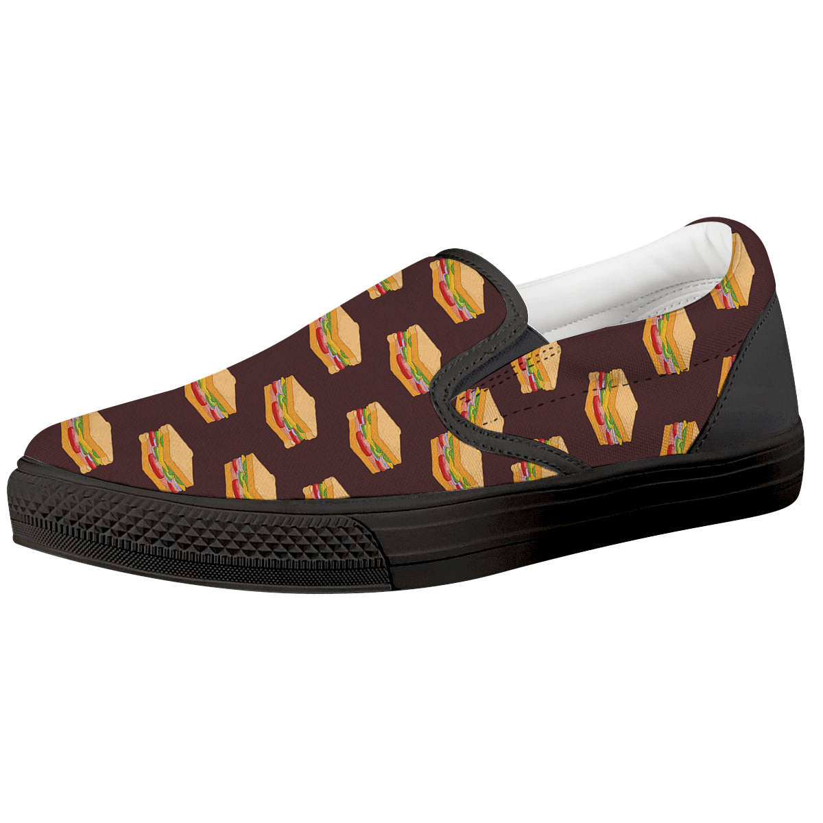 Brown Sandwich Print Pattern Black Slip On Shoes-grizzshop