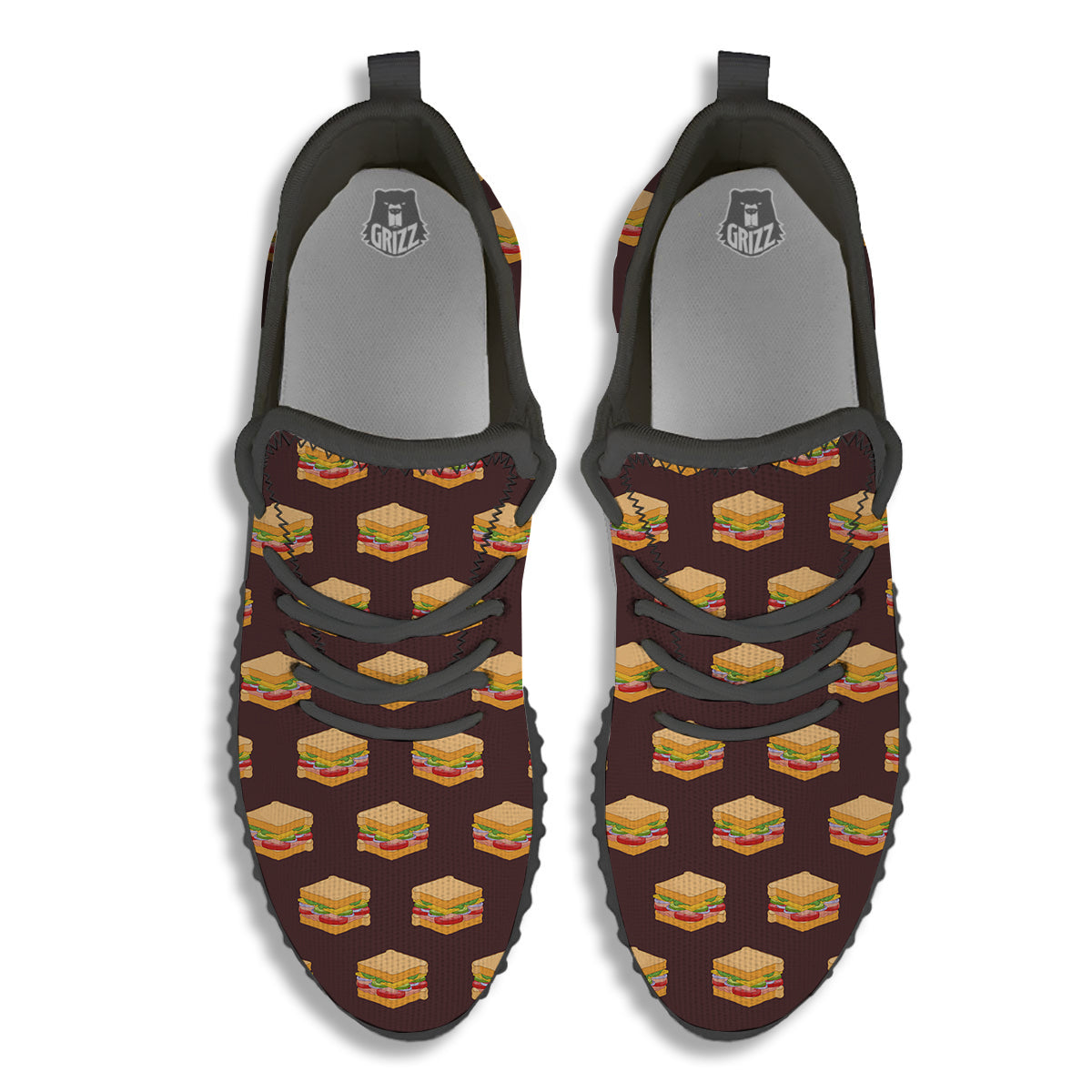 Brown Sandwich Print Pattern Black Walking Shoes-grizzshop