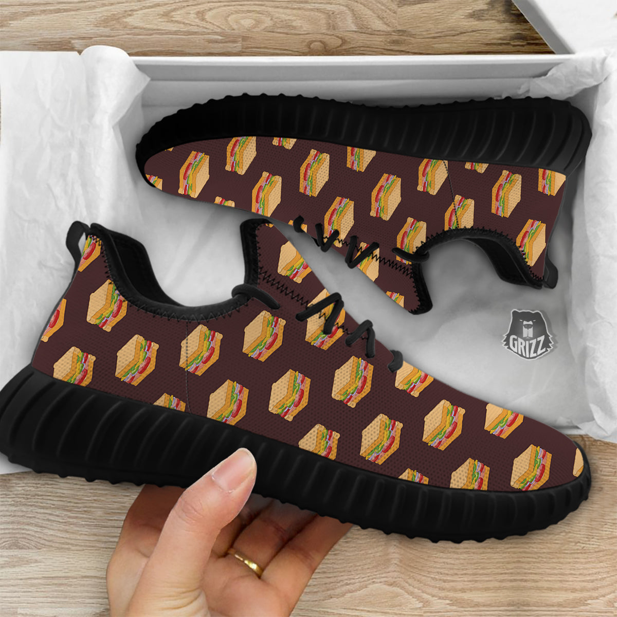 Brown Sandwich Print Pattern Black Walking Shoes-grizzshop