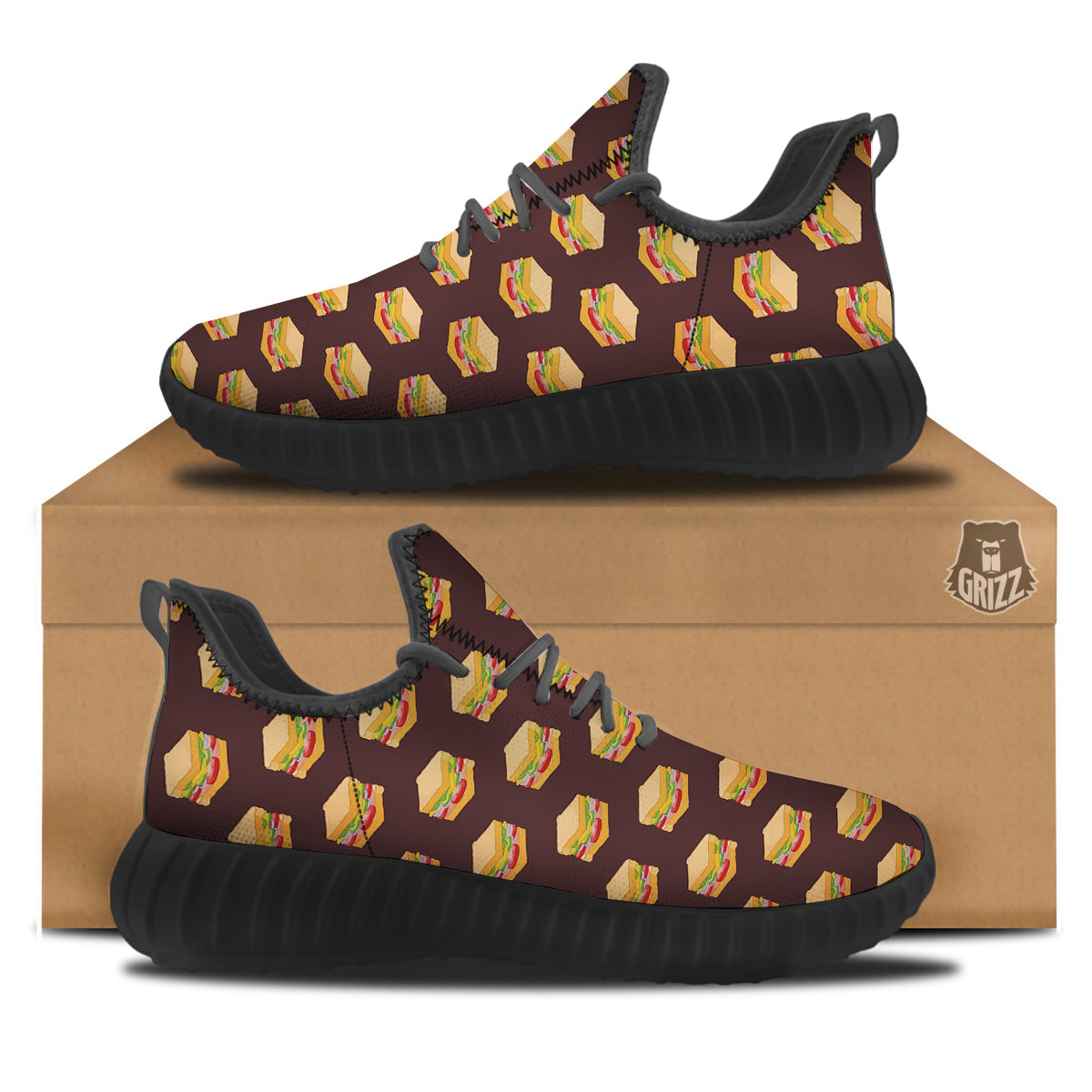 Brown Sandwich Print Pattern Black Walking Shoes-grizzshop