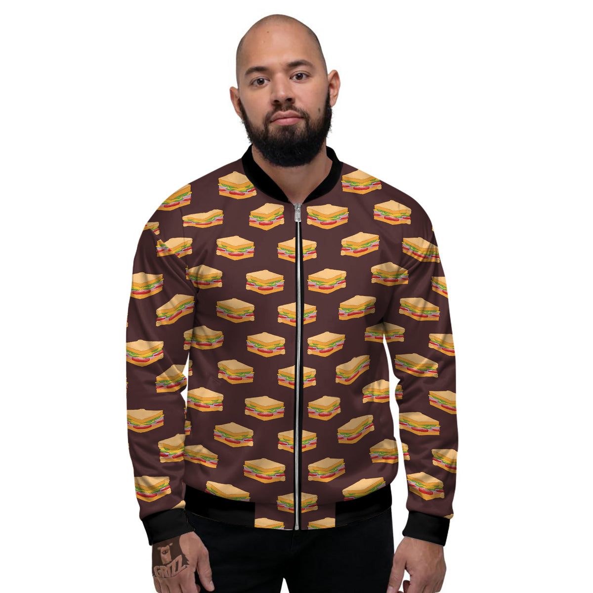 Brown Sandwich Print Pattern Men's Bomber Jacket-grizzshop