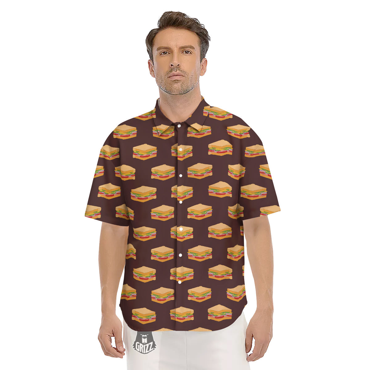 Brown Sandwich Print Pattern Men's Short Sleeve Shirts-grizzshop