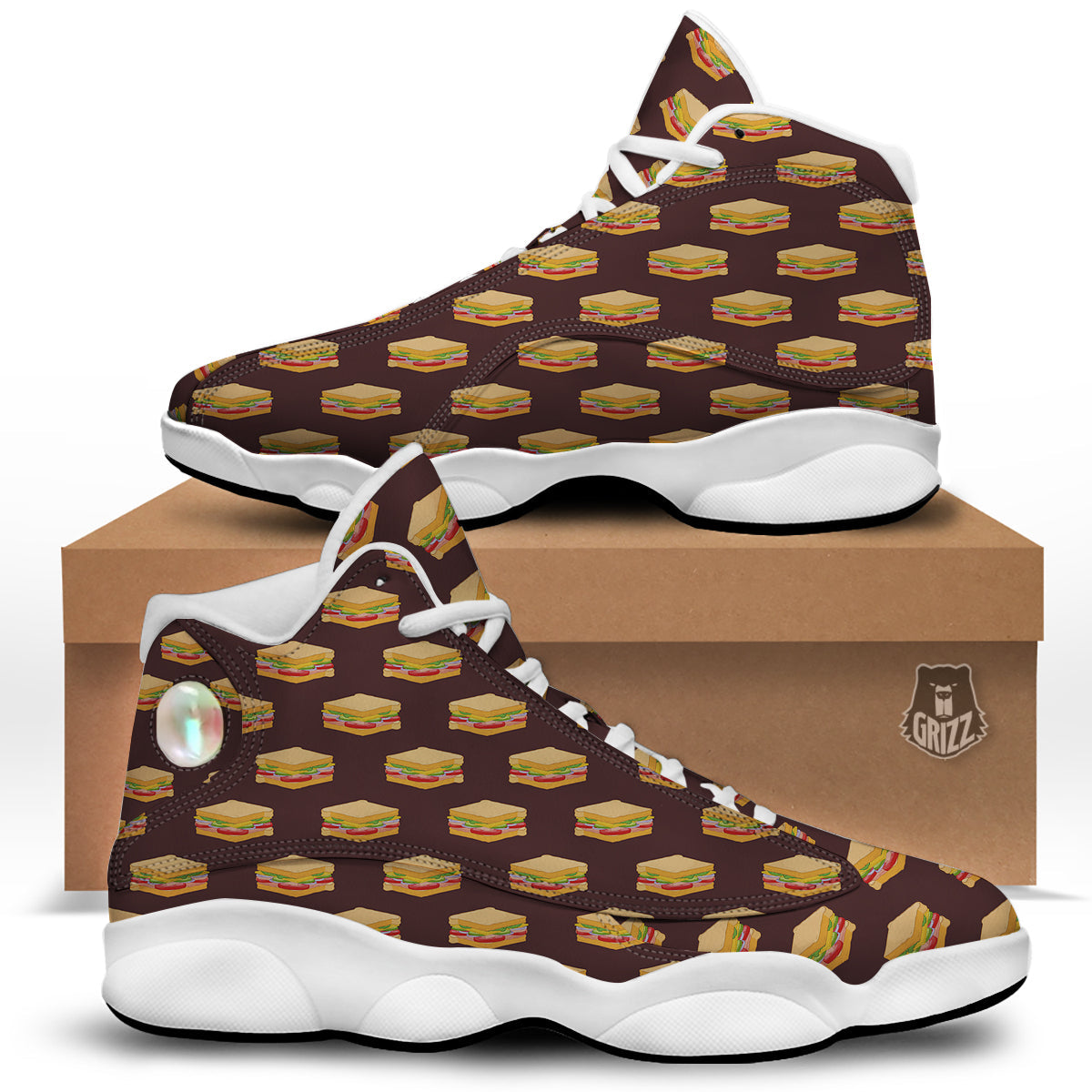Brown Sandwich Print Pattern White Basketball Shoes-grizzshop