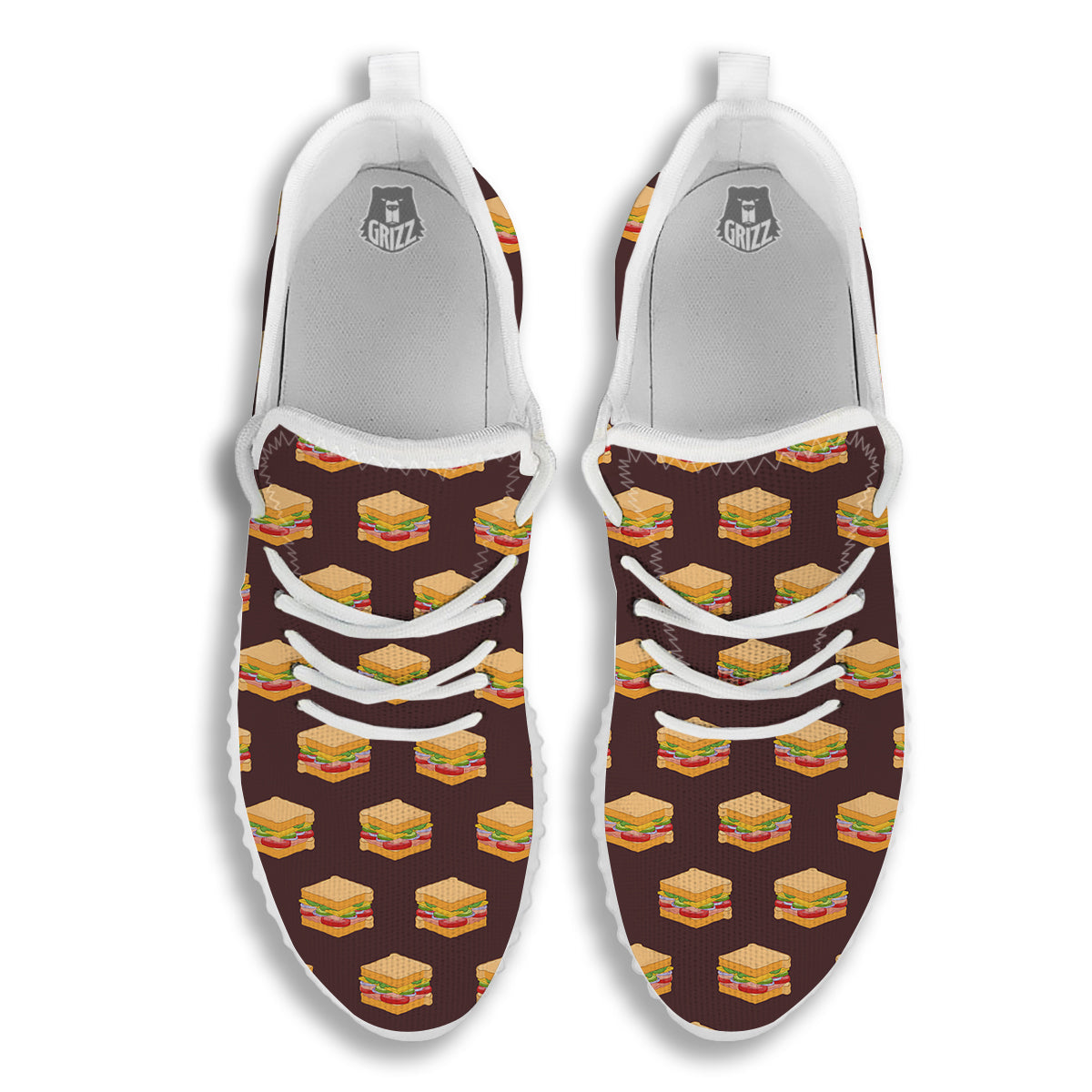 Brown Sandwich Print Pattern White Walking Shoes-grizzshop