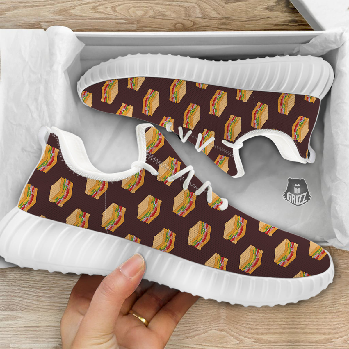 Brown Sandwich Print Pattern White Walking Shoes-grizzshop