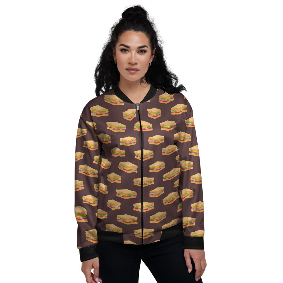 Brown Sandwich Print Pattern Women's Bomber Jacket-grizzshop