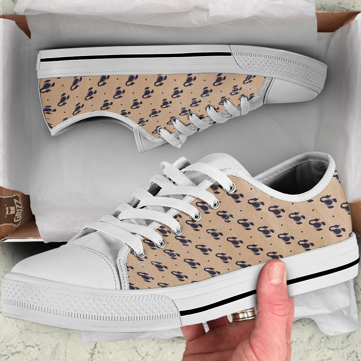 Brown Scorpion Print Pattern White Low Top Shoes-grizzshop