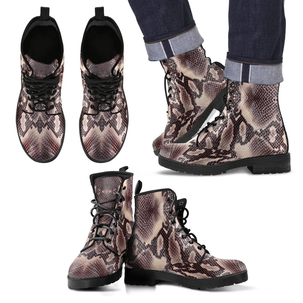 Brown Snakeskin Python Skin Pattern Print Men Women Leather Boots-grizzshop