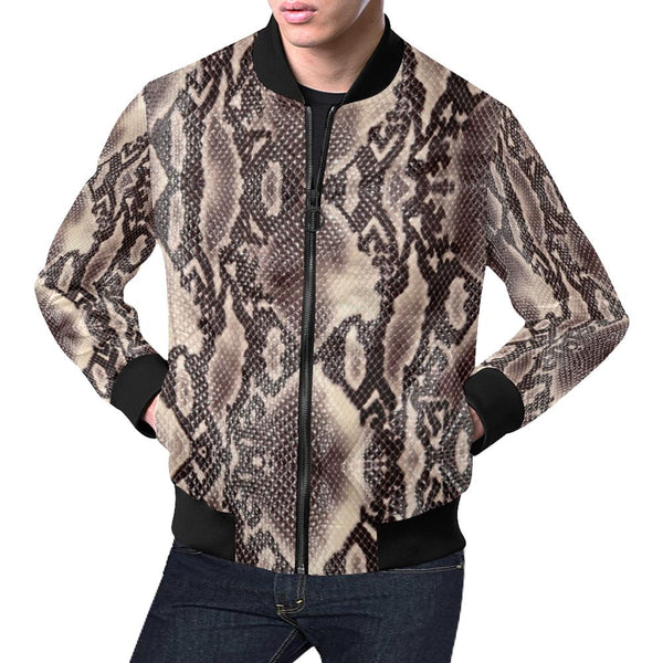 Brown Snakeskin Python Skin Pattern Print Men's Bomber Jacket