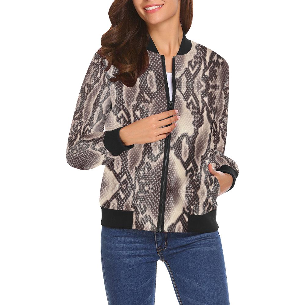 Brown Snakeskin Python Skin Pattern Print Women Casual Bomber Jacket-grizzshop
