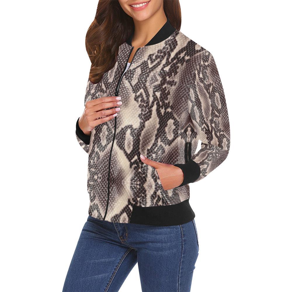 Brown Snakeskin Python Skin Pattern Print Women Casual Bomber Jacket-grizzshop