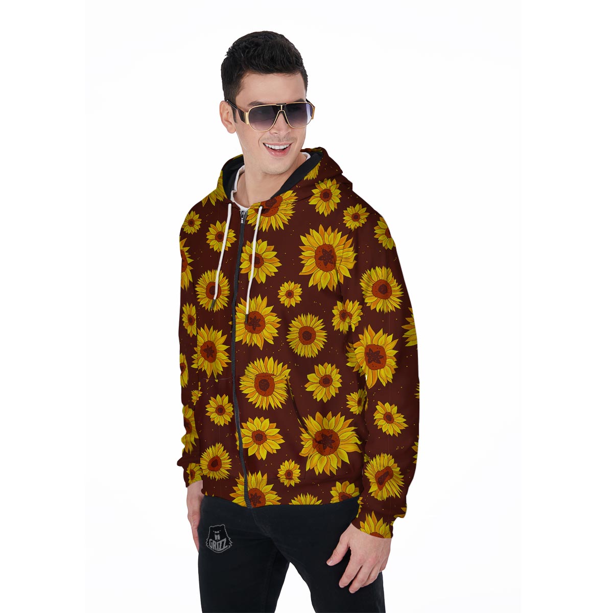Brown Sunflower Men's Zip Up Hoodie-grizzshop