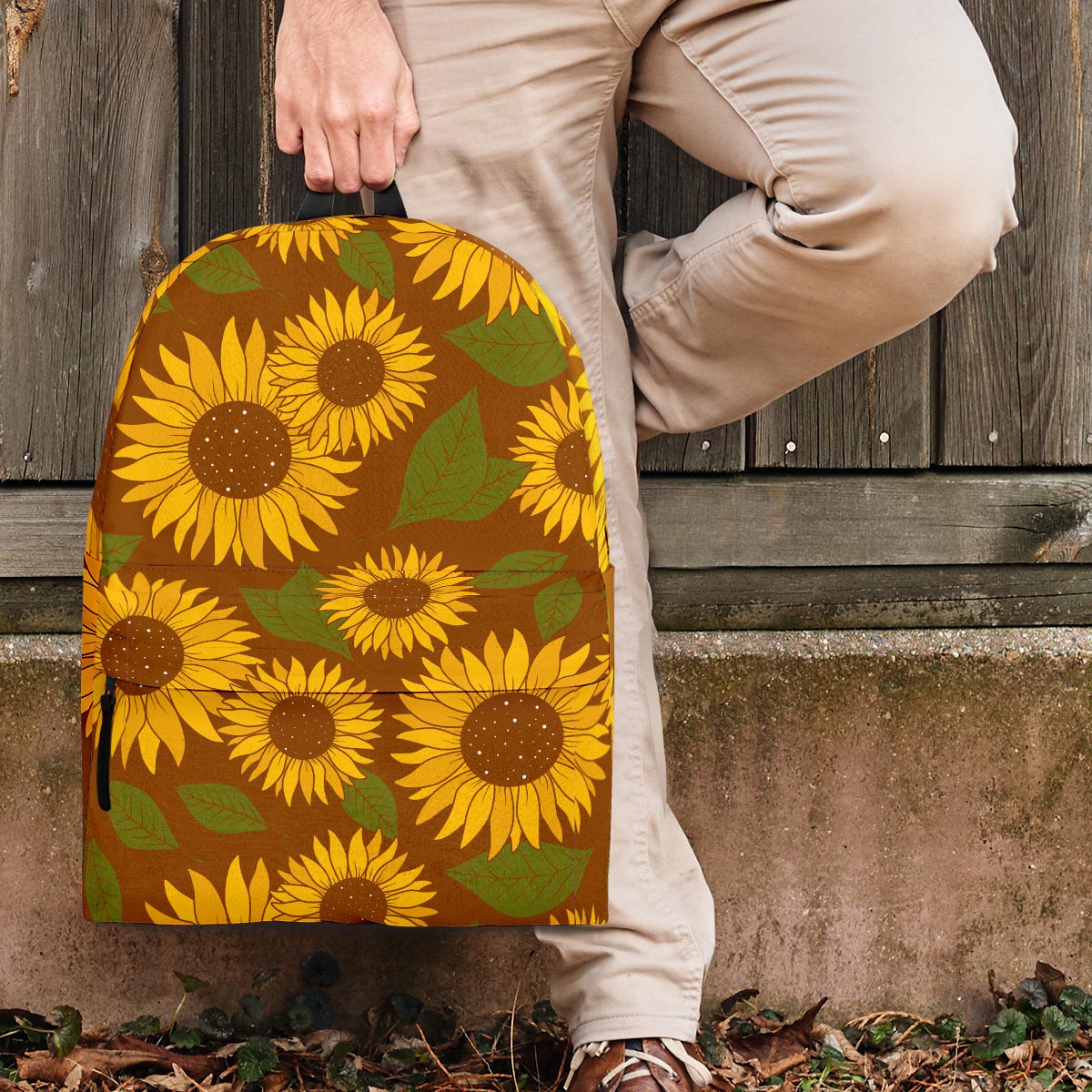 Brown Sunflower Print Backpack-grizzshop