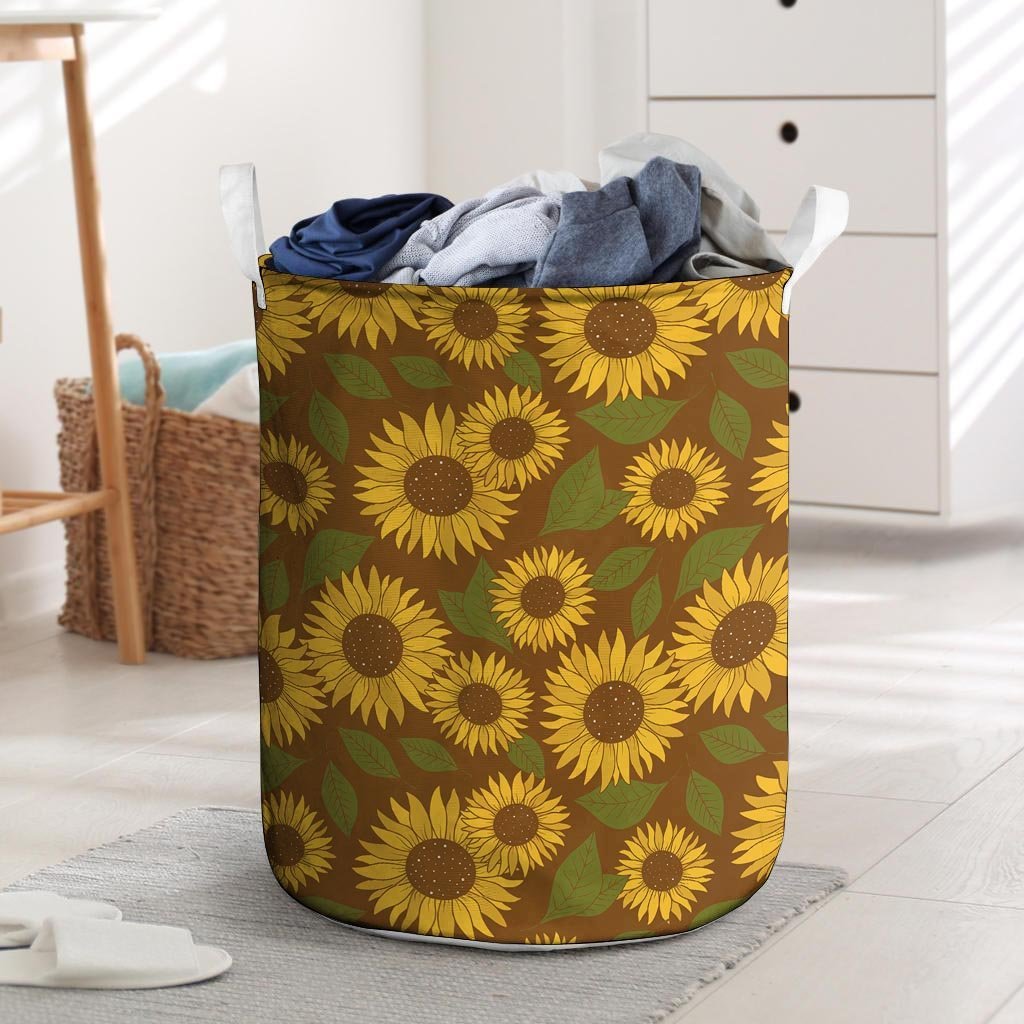 Brown Sunflower Print Laundry Basket-grizzshop