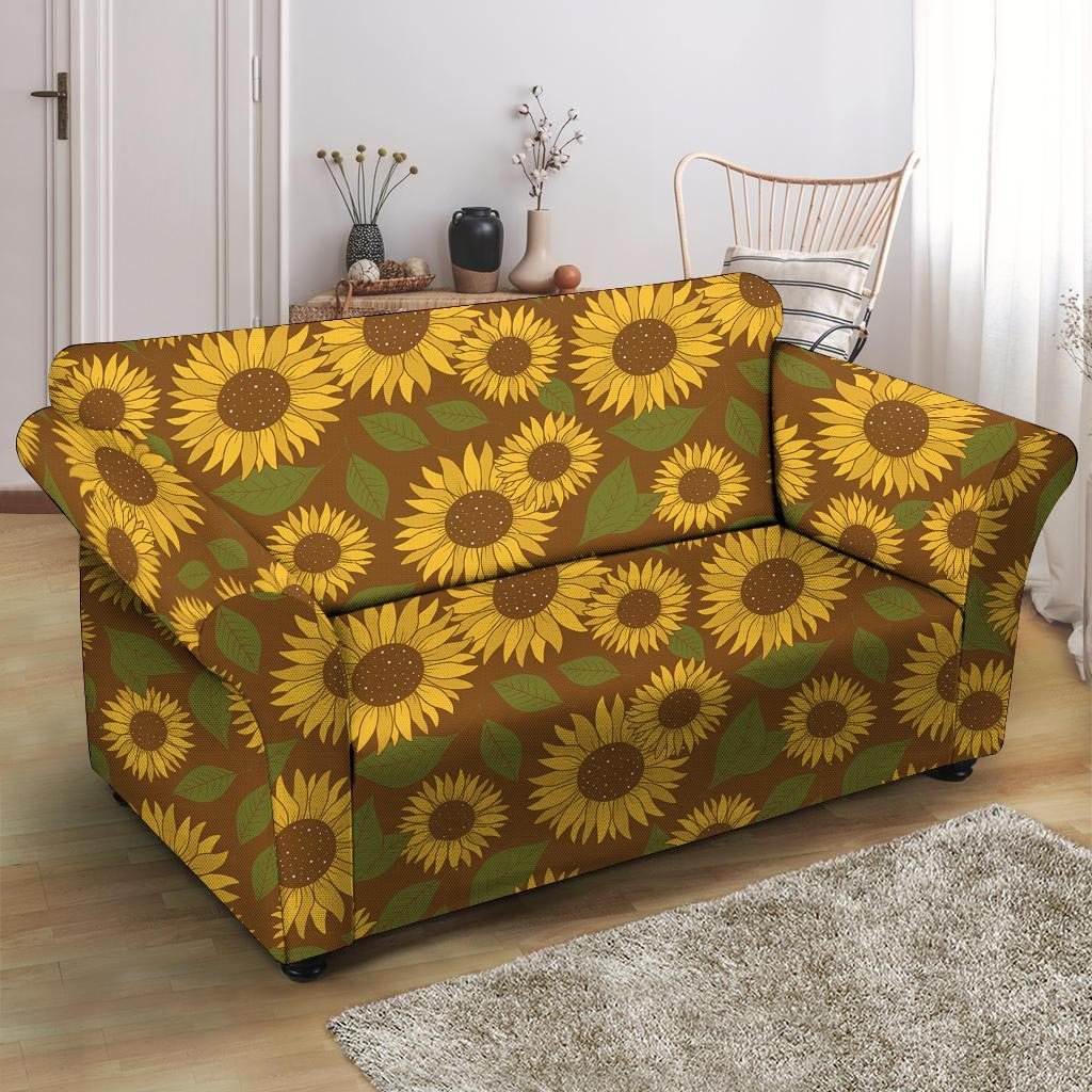 Brown Sunflower Print Loveseat Cover-grizzshop