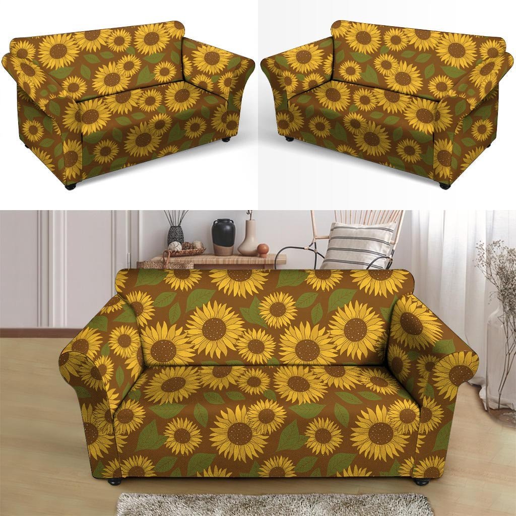 Brown Sunflower Print Loveseat Cover-grizzshop