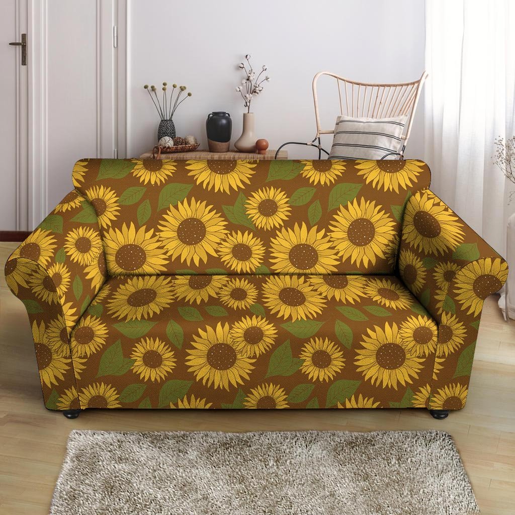 Brown Sunflower Print Loveseat Cover-grizzshop