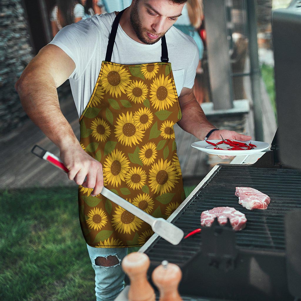 Brown Sunflower Print Men's Apron-grizzshop