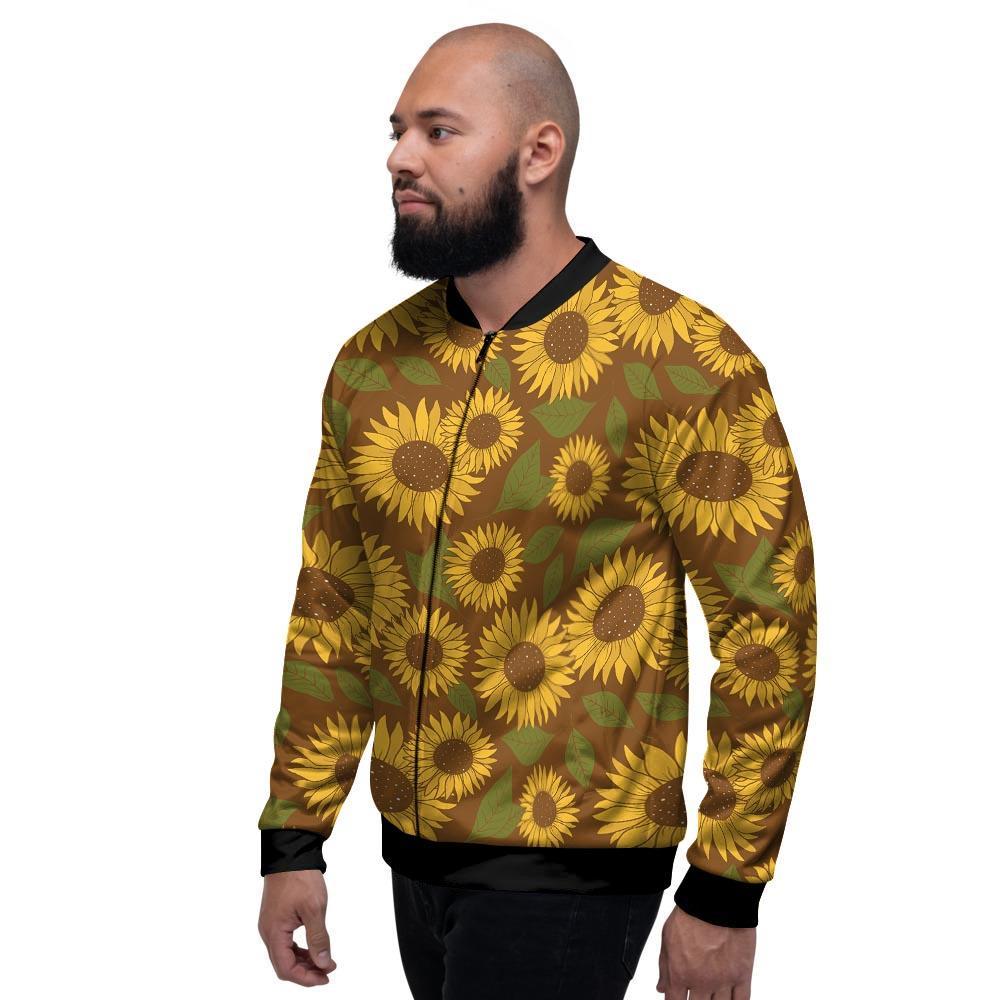 Brown Sunflower Print Men's Bomber Jacket-grizzshop