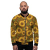 Brown Sunflower Print Men's Bomber Jacket-grizzshop