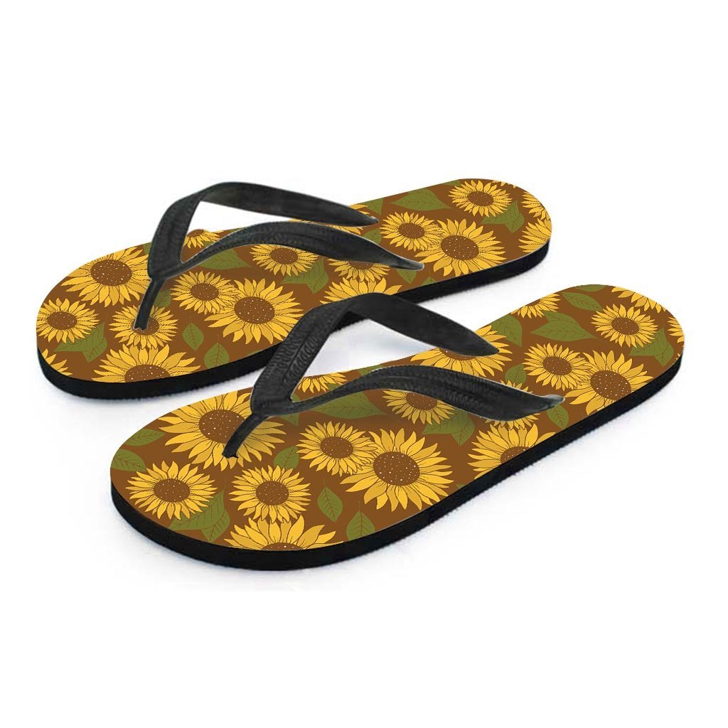 Brown Sunflower Print Men's Flip Flops-grizzshop