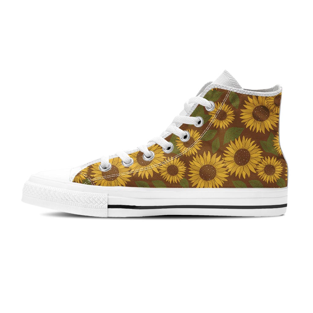 Brown Sunflower Print Men's High Top Shoes-grizzshop