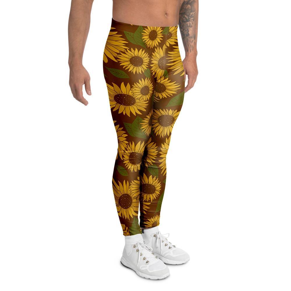 Brown Sunflower Print Men's Leggings-grizzshop