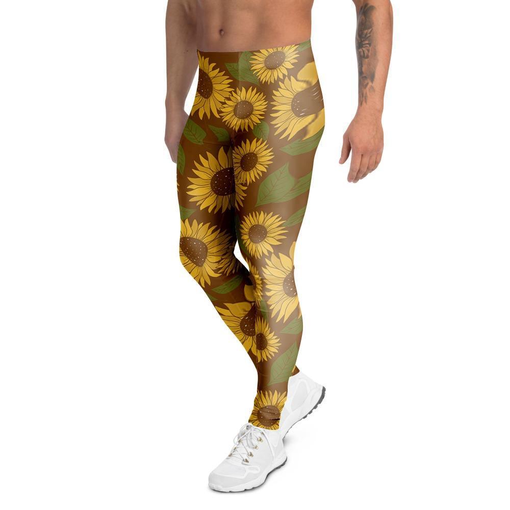 Brown Sunflower Print Men's Leggings-grizzshop