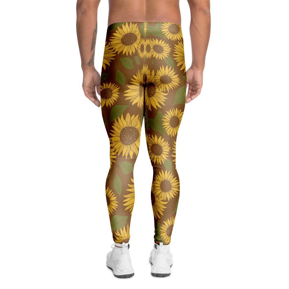 Brown Sunflower Print Men's Leggings-grizzshop