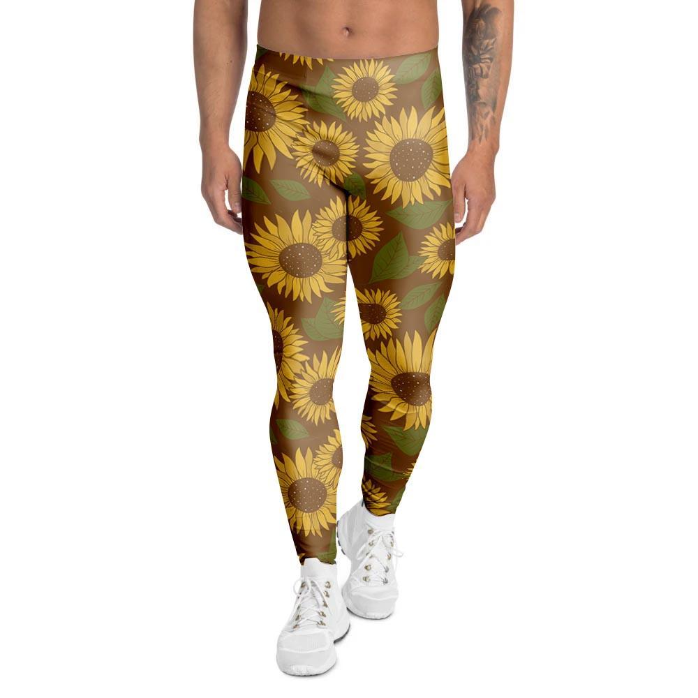 Brown Sunflower Print Men's Leggings-grizzshop