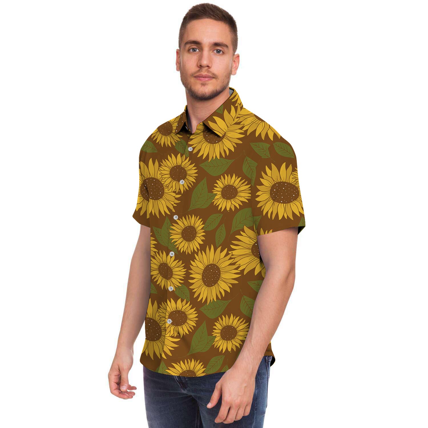 Brown Sunflower Print Men's Short Sleeve Shirt-grizzshop