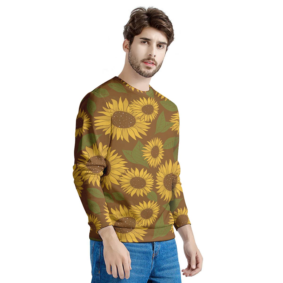 Brown Sunflower Print Men's Sweatshirt-grizzshop