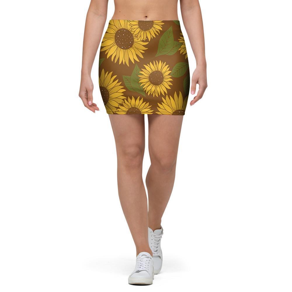 Brown Sunflower Print Mini Skirt-grizzshop