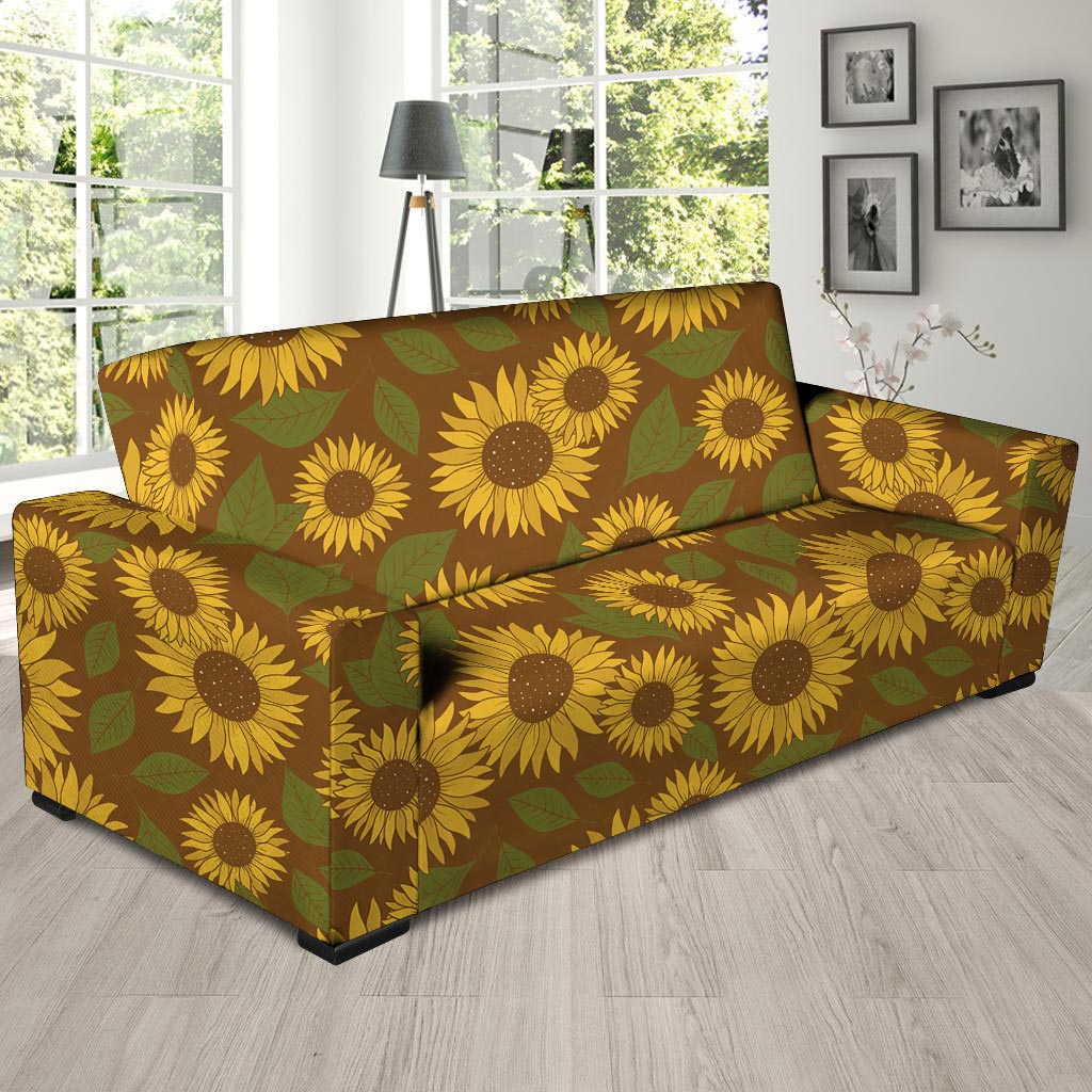 Brown Sunflower Print Sofa Cover-grizzshop