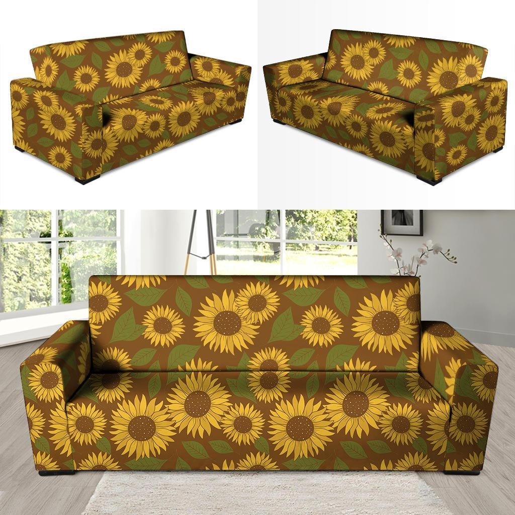 Brown Sunflower Print Sofa Cover-grizzshop