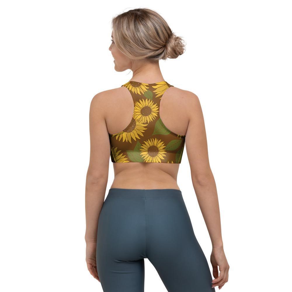 Brown Sunflower Print Sports Bra-grizzshop