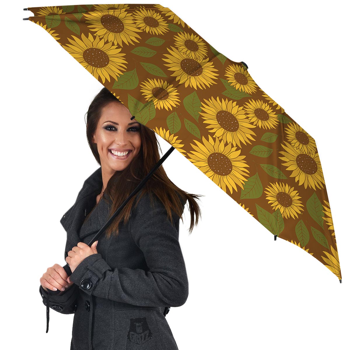 Brown Sunflower Print Umbrella-grizzshop