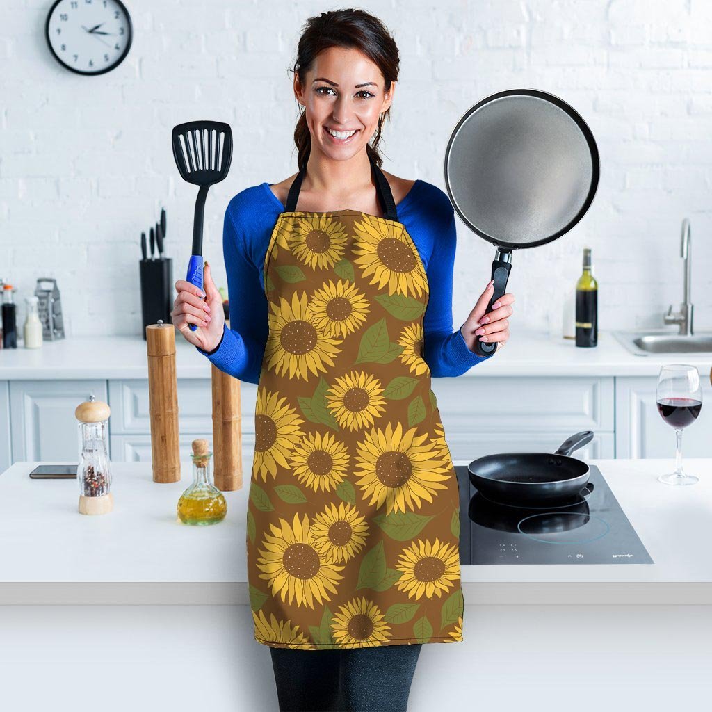 Brown Sunflower Print Women's Apron-grizzshop