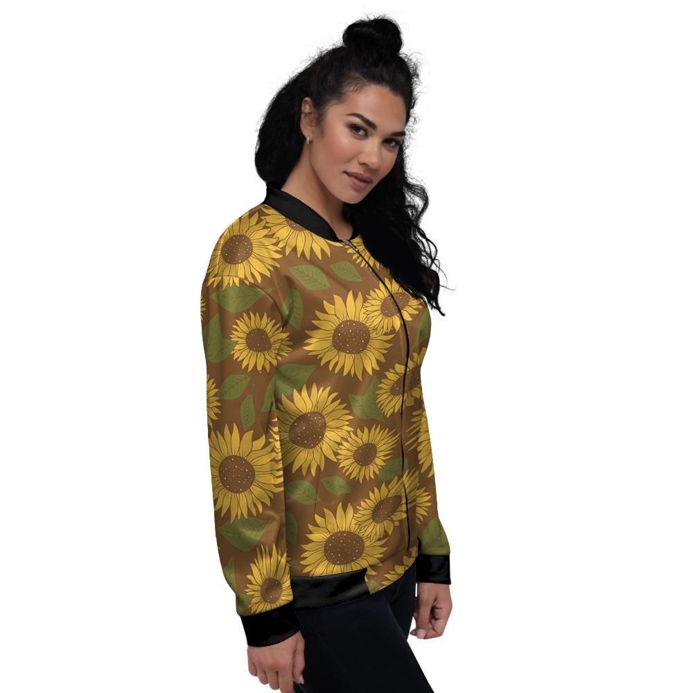 Brown Sunflower Print Women's Bomber Jacket-grizzshop