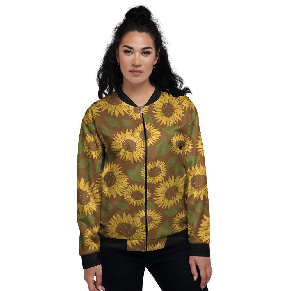 Brown Sunflower Print Women's Bomber Jacket-grizzshop