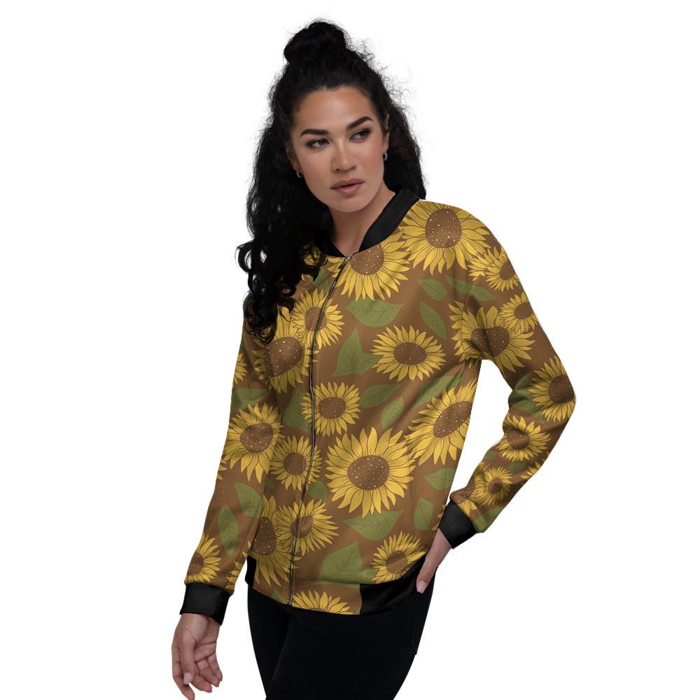 Brown Sunflower Print Women's Bomber Jacket-grizzshop