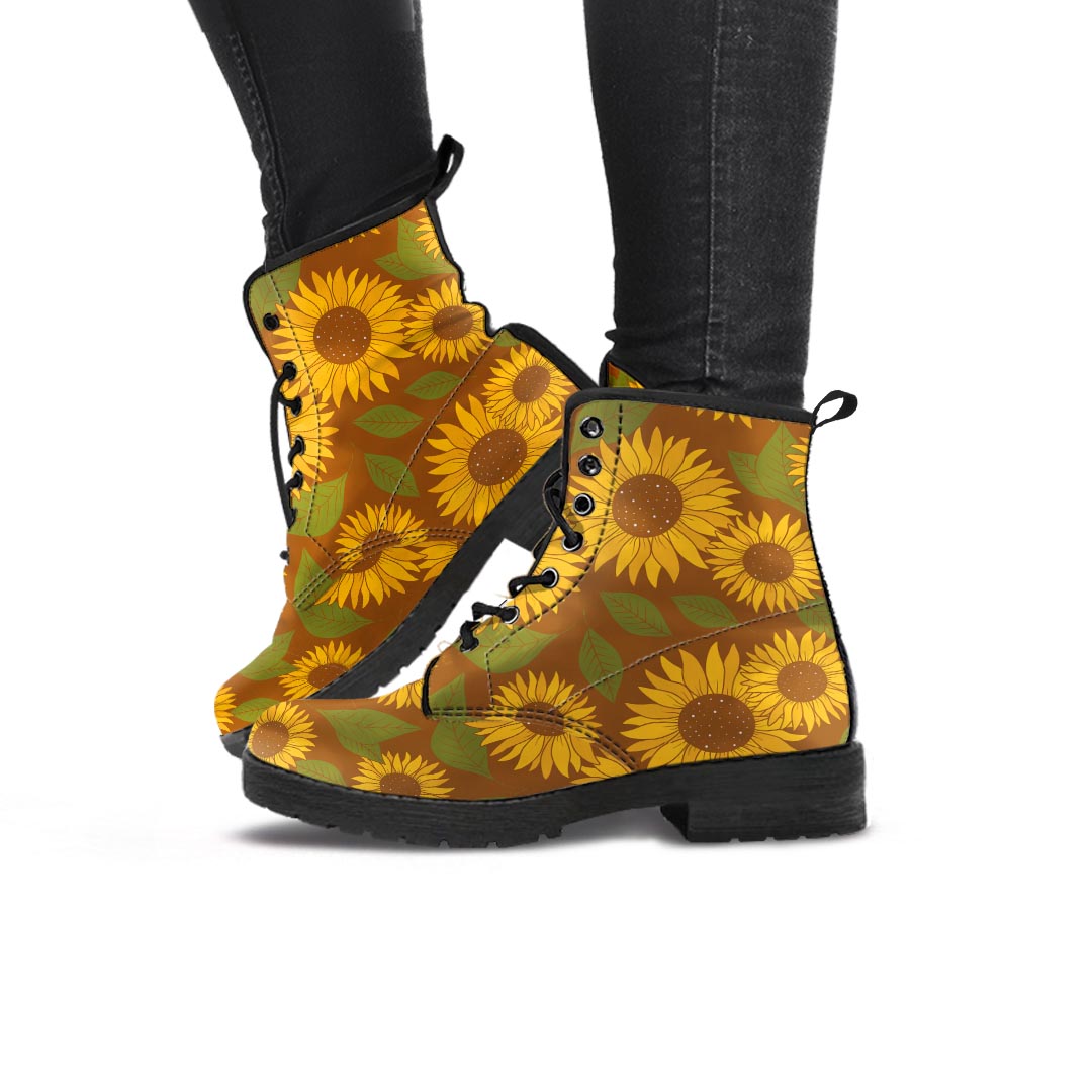 Brown Sunflower Print Women's Boots-grizzshop