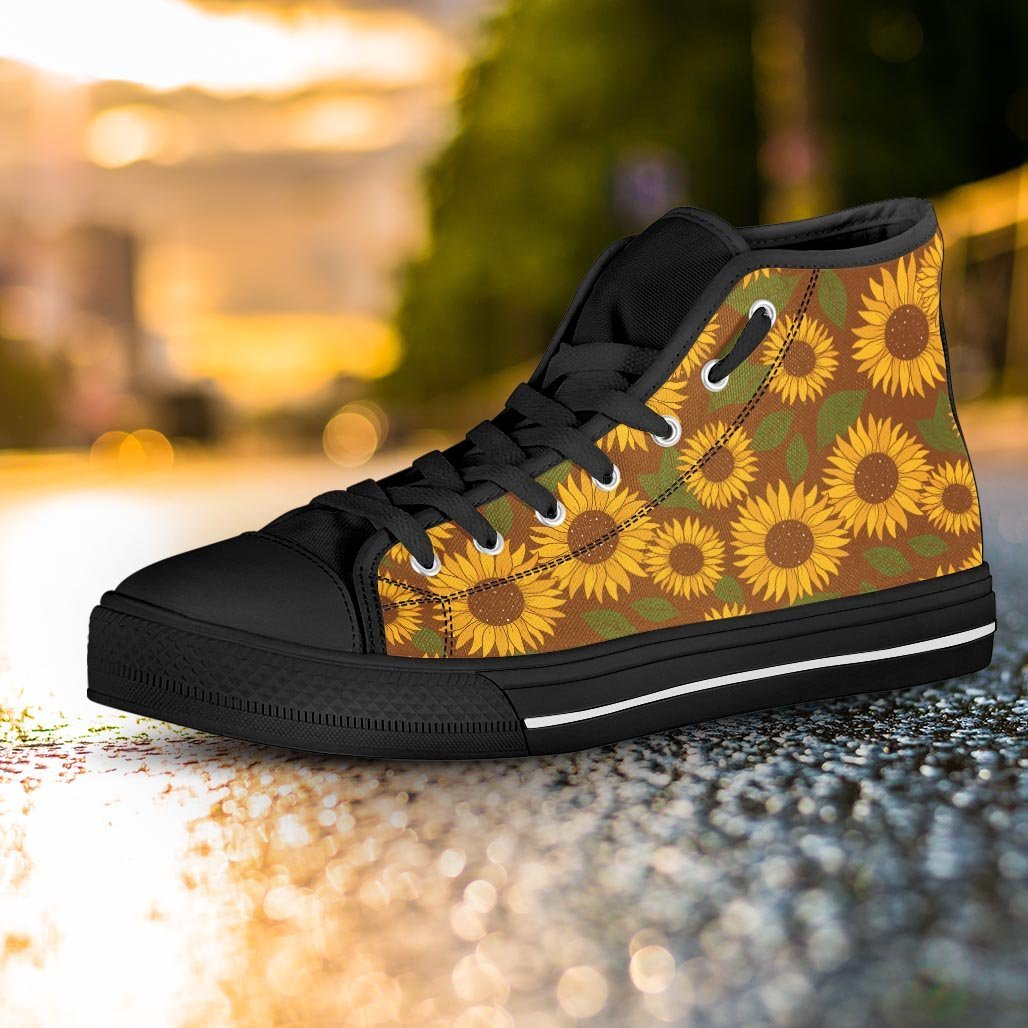 Brown Sunflower Print Women's High Top Shoes-grizzshop