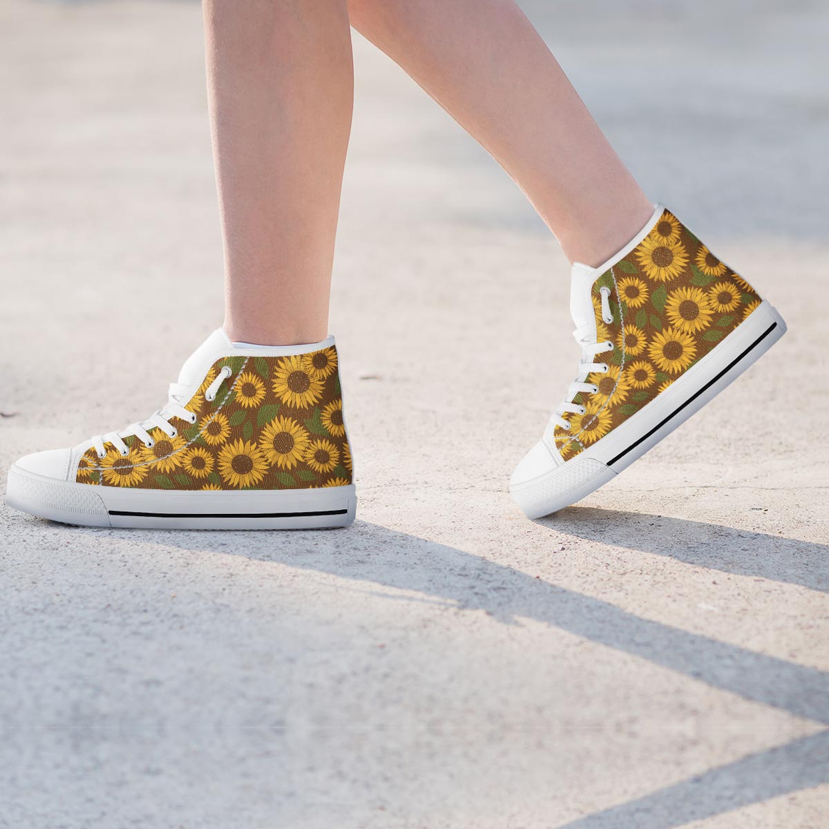 Brown Sunflower Print Women's High Top Shoes-grizzshop