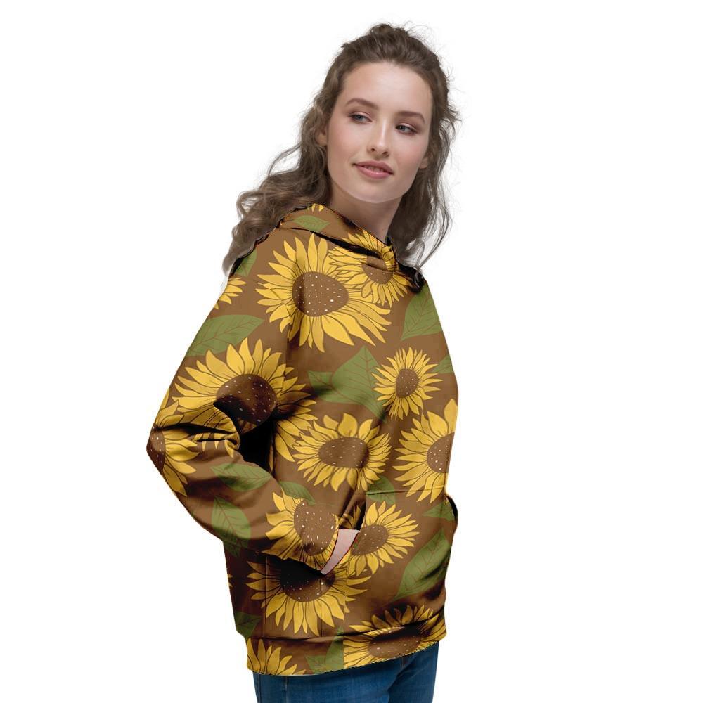 Brown Sunflower Print Women's Hoodie-grizzshop